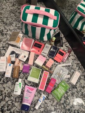 Ulta Beauty Green and White Striped Makeup Bag with Pink Trim